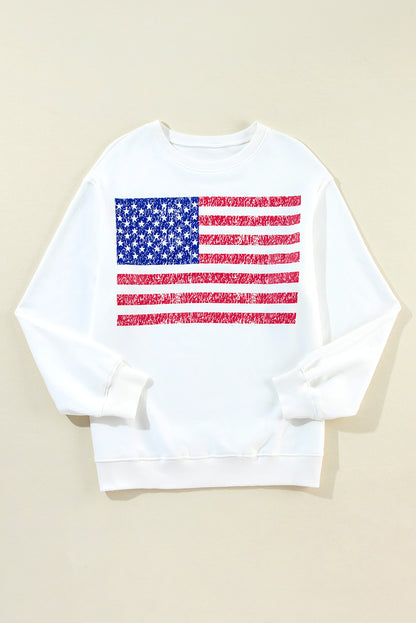 Weißes, lockeres Sweatshirt mit überschnittener Schulter und amerikanischer Flagge