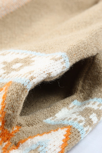 Khakifarbene Strickjacke mit Aztekenmuster und offener Vorderseite