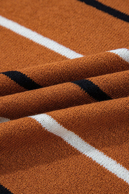 Brown Stripe Striped Ribbed Edge Drop Shoulder Sweater