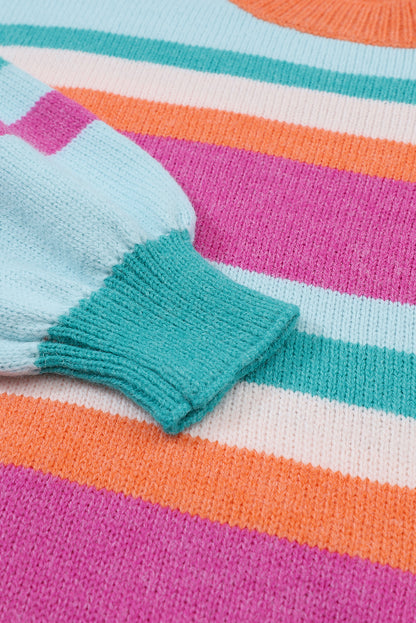 Mehrfarbig gestreifter Strickpullover mit tief angesetzten Schultern und Puffärmeln