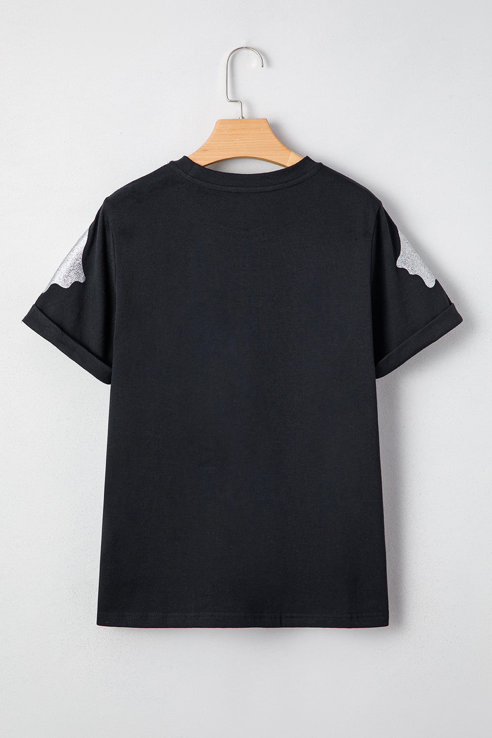 Black Glitter Ghost Pattern Crew Neck Halloween T Shirt