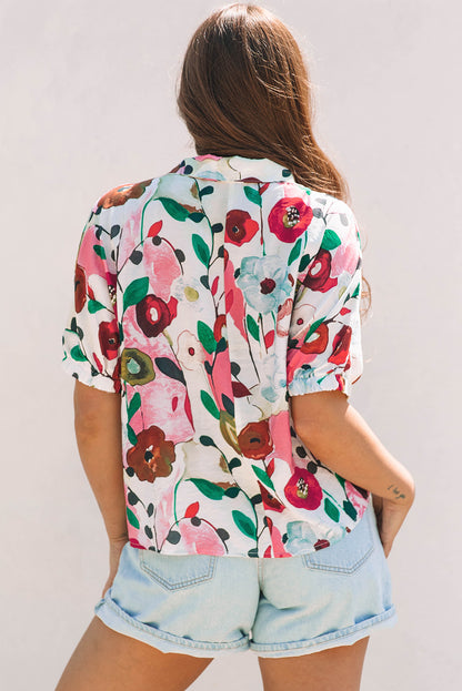 Rosa Bluse mit Blumenmuster und Schlitz und V-Ausschnitt, kurzärmlig