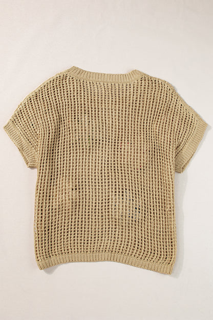 Helles französisches beiges Häkelblumen-Hohl-Pullover-T-Shirt