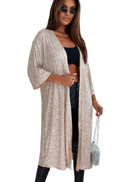 Aprikosenfarbener Kimono mit Pailletten und 3/4-Ärmeln und offener Vorderseite