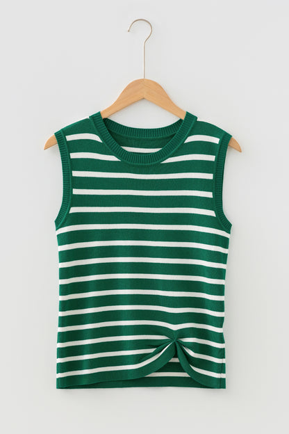 Green Stripe Crew Neck Sleeveless Sweater Vest