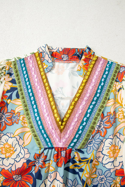 Sky Blue Floral Print Ruffled Long Sleeve Crochet Trim V Neck Blouse