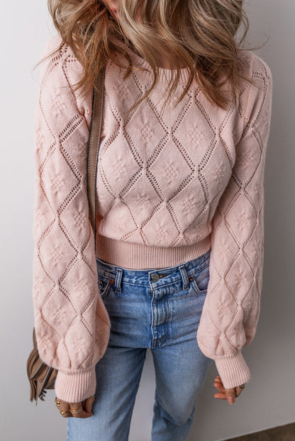 Kurzer Pullover mit durchbrochenem Karomuster und Puffärmeln in zartem Rosa