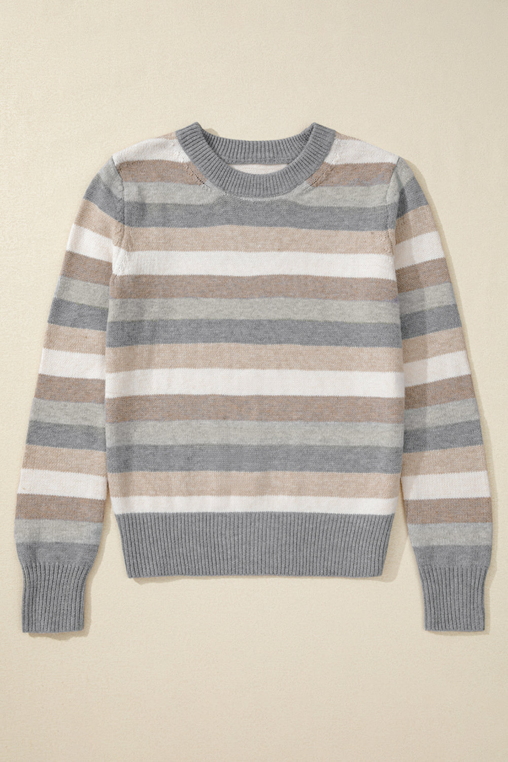 Grau gestreifter Pullover mit Farbblock und geripptem Rand und Rundhalsausschnitt