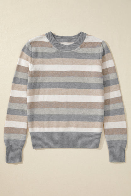 Grau gestreifter Pullover mit Farbblock und geripptem Rand und Rundhalsausschnitt