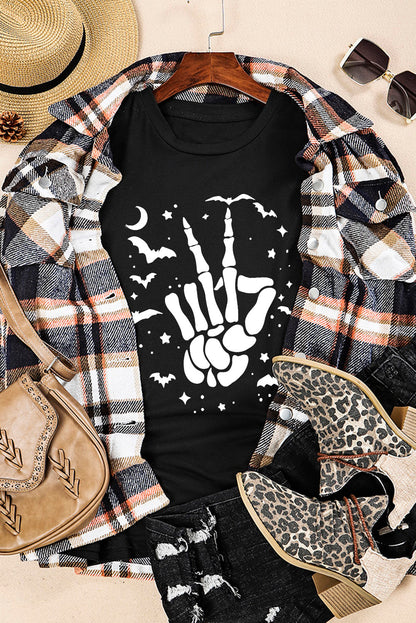 Schwarzes Halloween T-Shirt mit Fledermaus &amp; Skeletthand-Grafik