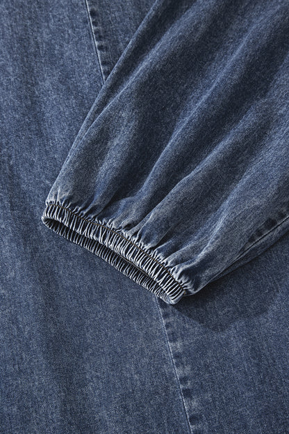 Sail Blue 3/4 Sleeve Tied V Neck Pleated Denim Mini Dress