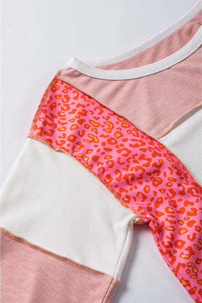 Peach Blossom Leopard Colorblock Patchwork Top mit sichtbaren Nähten