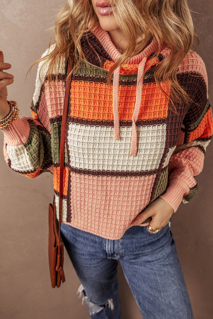 Oranger Rollkragenpullover mit Waffelstrick und Kordelzug in Farbblock-Optik