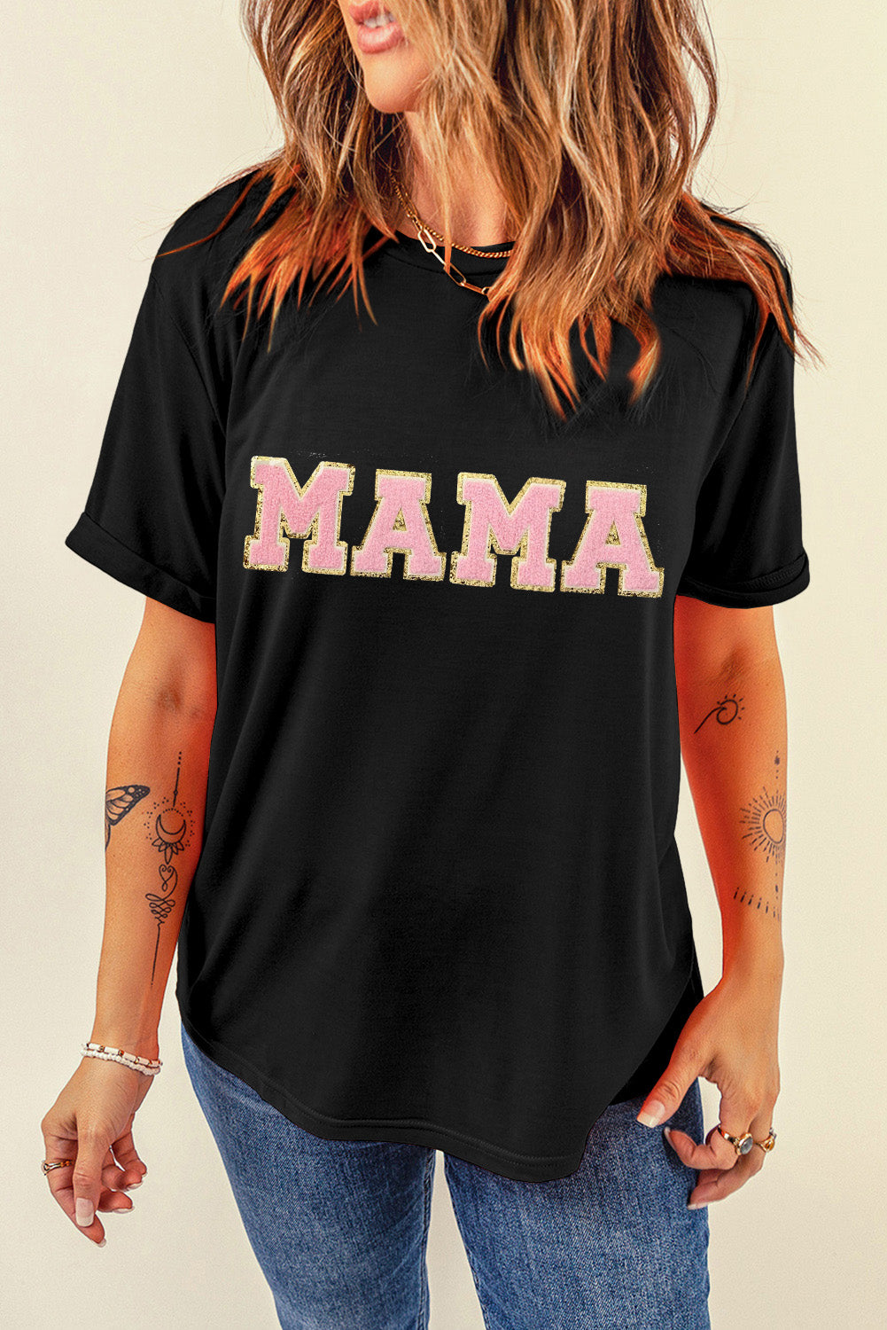 Schwarzes MAMA Chenille-T-Shirt mit Grafik
