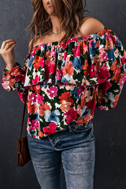 Schulterfreie Bluse mit Blumenmuster und Rüschen