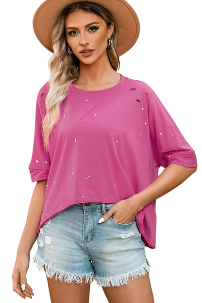Rosa, gebleichtes Top mit asymmetrischem Saum im Used-Look und kurzen Ärmeln