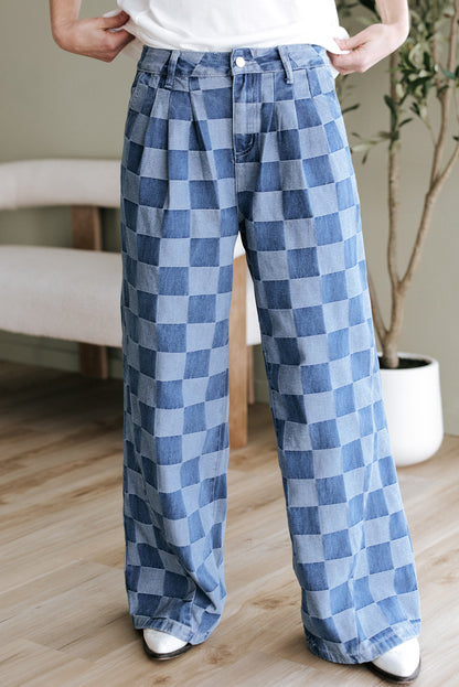 Abendblaue Jeans mit weitem Bein und Karomuster