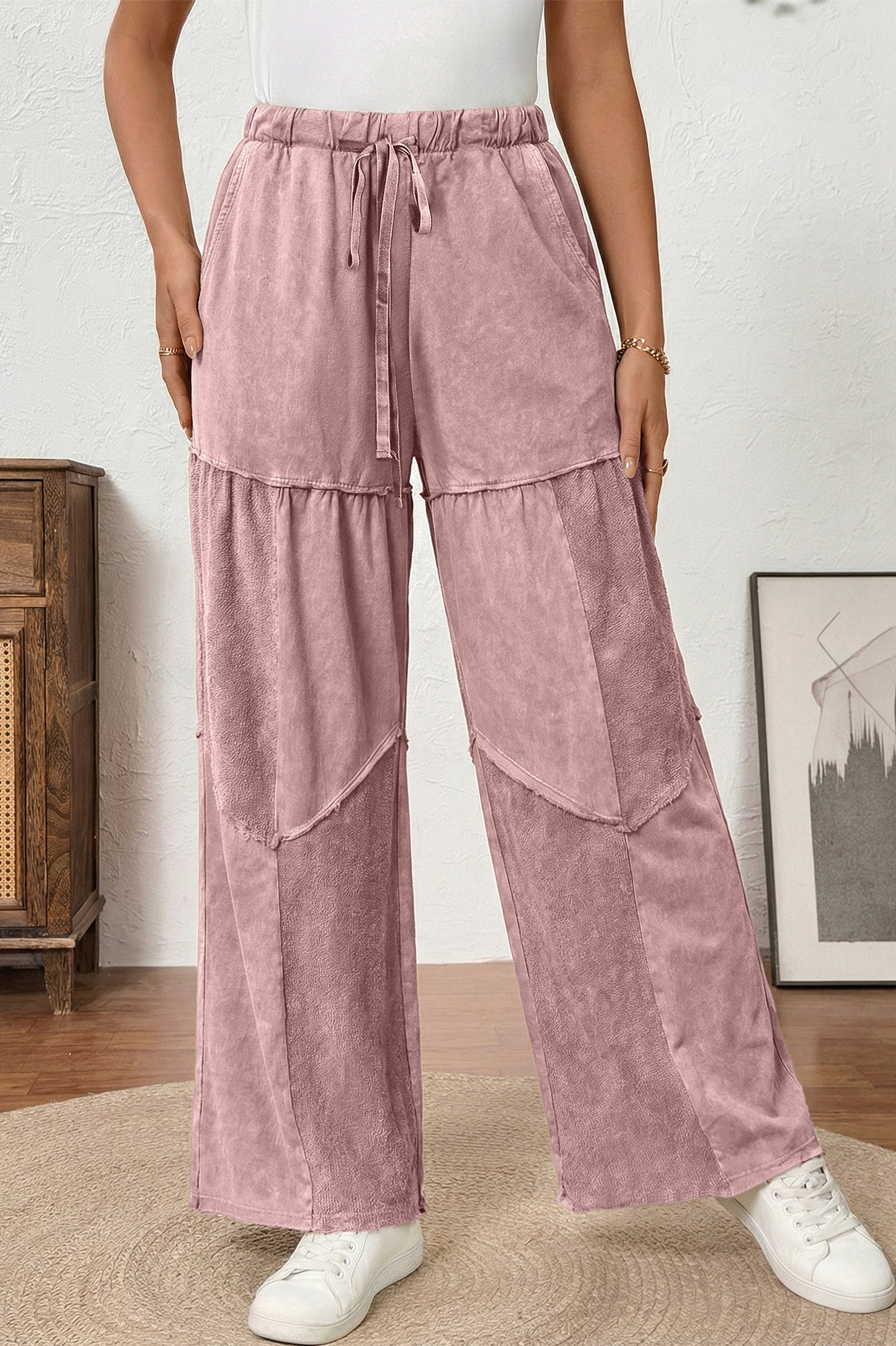 Straw Yellow Mineral Wash Tiered Wide Leg Patchwork Drawstring Pants