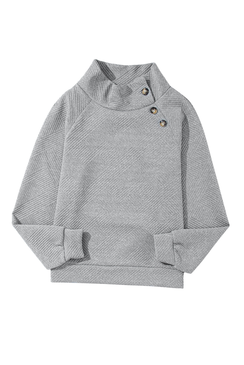 Gray Asymmetric Buttons Detail High Neck Textured Sweatshirt