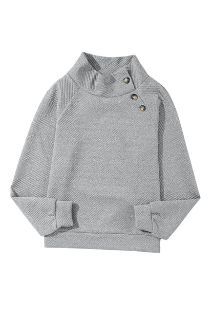 Gray Asymmetric Buttons Detail High Neck Textured Sweatshirt