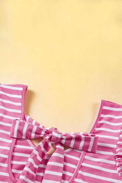 Rosa gestreiftes T-Shirt mit Schmetterlingsärmeln, V-Ausschnitt und ausgehöhltem Knoten auf der Rückseite