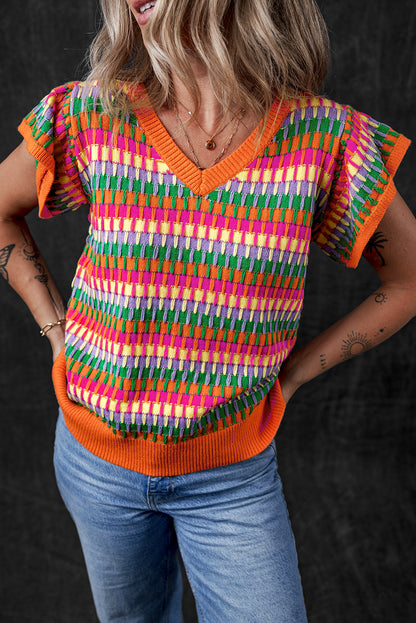 Orangefarbenes, mehrfarbiges Strickpullover-Oberteil mit Flatterärmeln