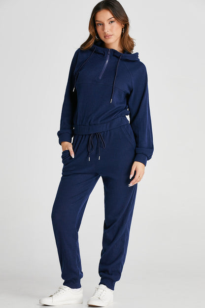 Marineblaues Set aus kurzem Hoodie und Jogginghose mit Kordelzug