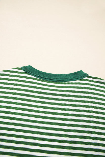 Green Stripe Exposed Seam Patchwork Plus Size Thermal Top