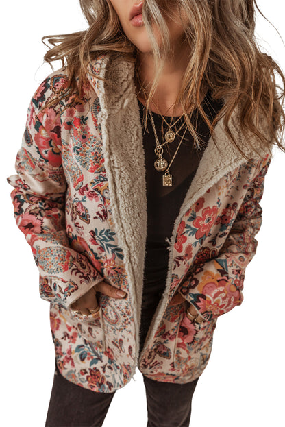Beige Vintage Paisley Blumendruck Sherpa-gefütterte Kapuzenjacke