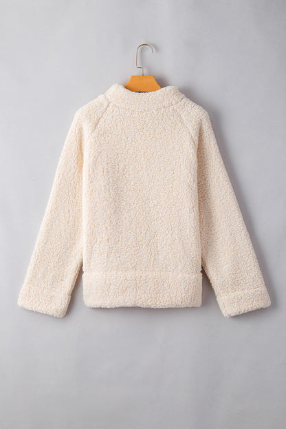 Weißes, einfarbiges Fleece-Sweatshirt mit hohem Kragen und überschnittenen Schultern