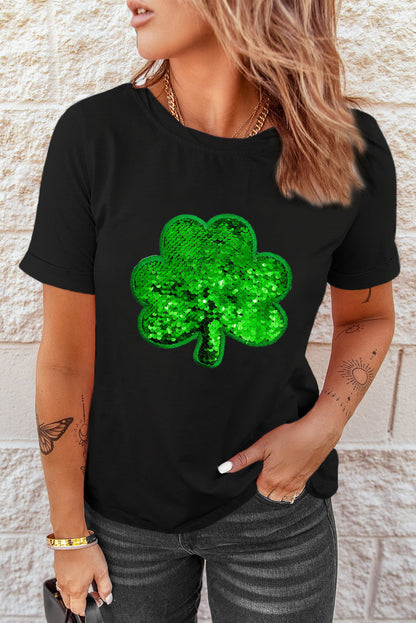 Schwarzes T-Shirt mit Kleeblatt-Stickerei und Rundhalsausschnitt