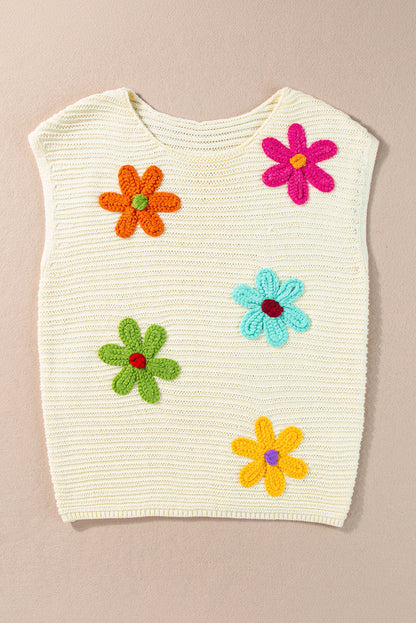 Weißes Stricktop mit Rundhalsausschnitt und Häkelmuster mit Blumenmuster
