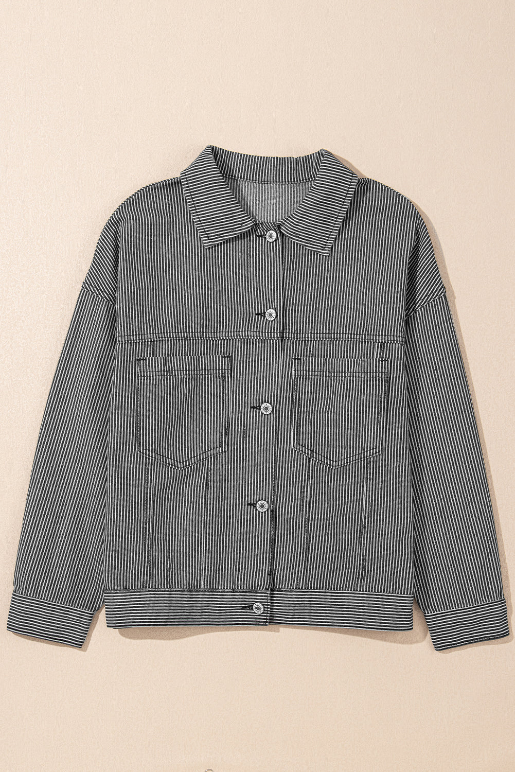 Blau gestreifte, gewaschene Oversize-Jeansjacke mit Taschen