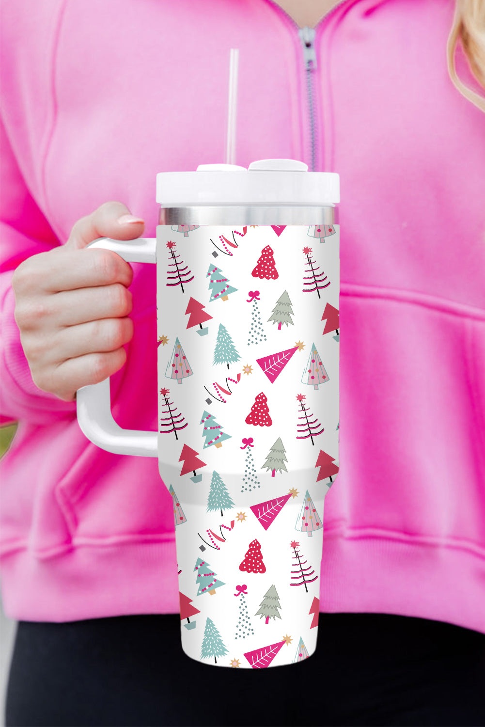 Weißer Thermobecher mit Cartoon-Weihnachtsbaum-Aufdruck, 1,2 l