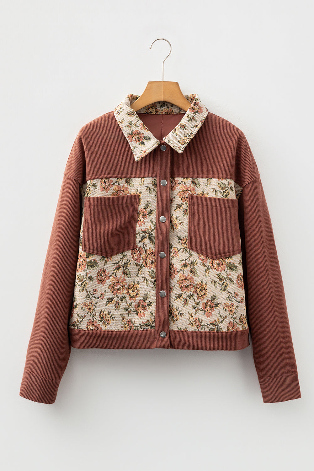 Clay Ribbed Retro Floral Patchwork Shirt Style Jacket