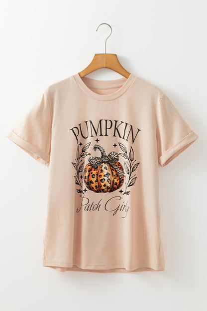 Khakifarbenes T-Shirt mit Kürbis-Grafik und Leopardenmuster