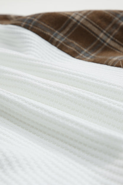 White Waffle Patch Plaid Sleeve Kangaroo Pocket Hoodie