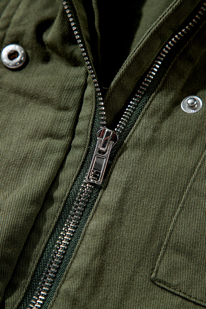 Moosgrüne Jacke mit Druckknopf-Reißverschluss und engem Taillenkragen