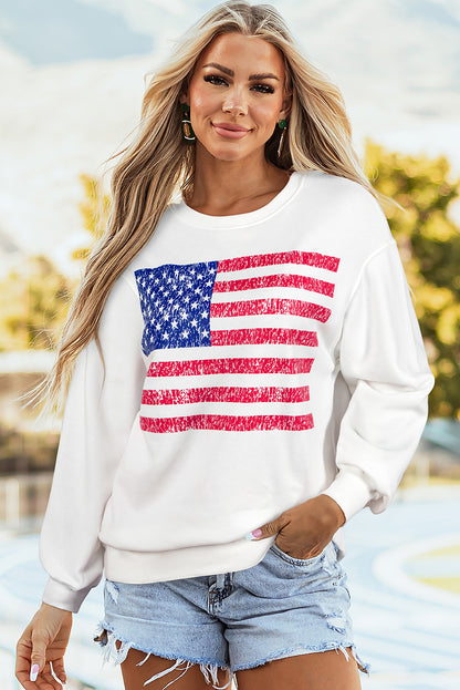 Weißes, lockeres Sweatshirt mit überschnittener Schulter und amerikanischer Flagge