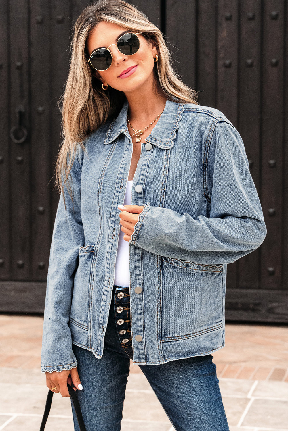 Myosotis Scallop Trim Collar Patched Pocket Button Up Denim Jacket
