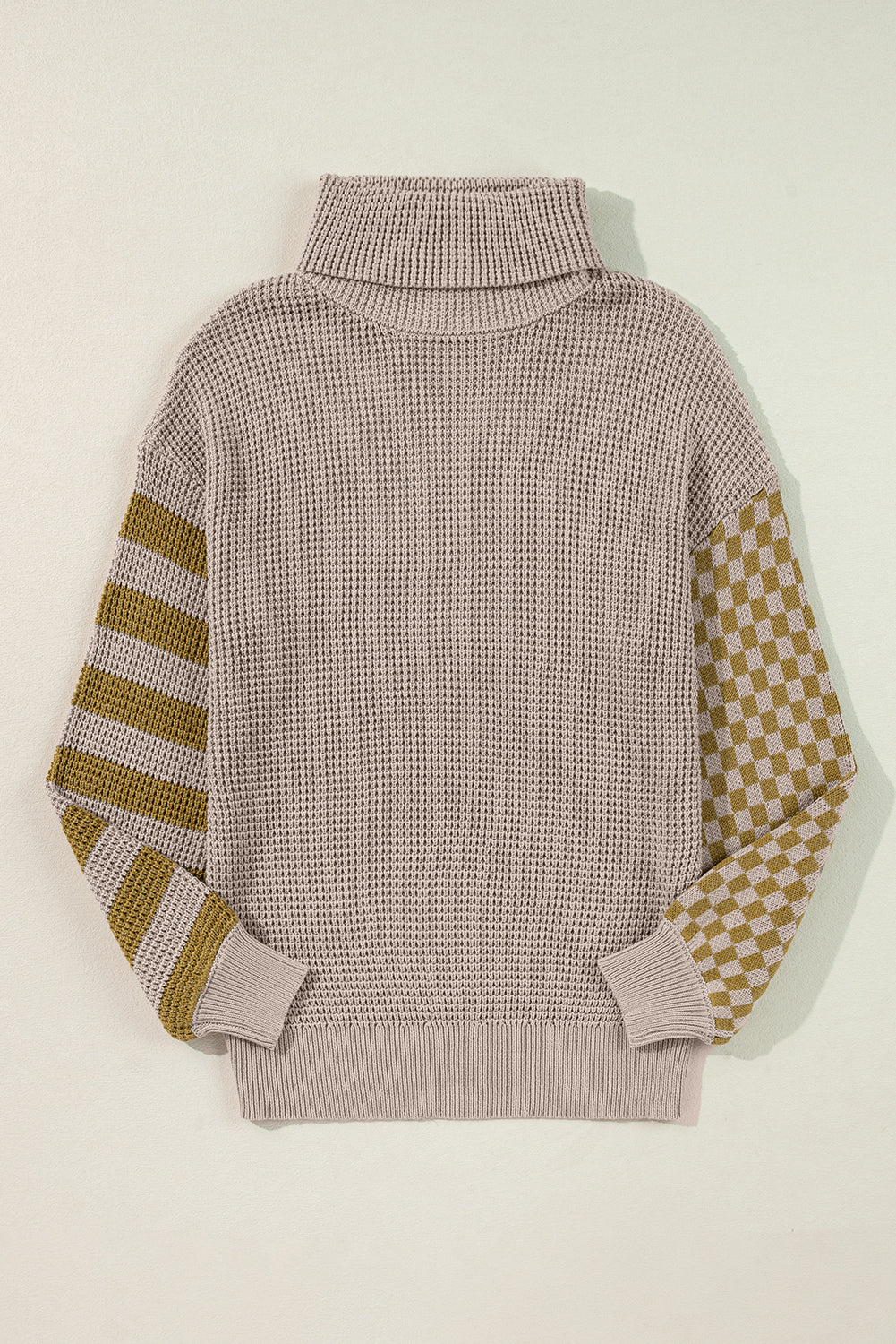 Rauchgrau gestreifter karierter Patchwork-Rollkragenpullover mit Waffelstrick