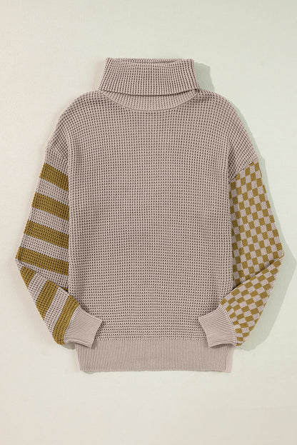 Rauchgrau gestreifter karierter Patchwork-Rollkragenpullover mit Waffelstrick