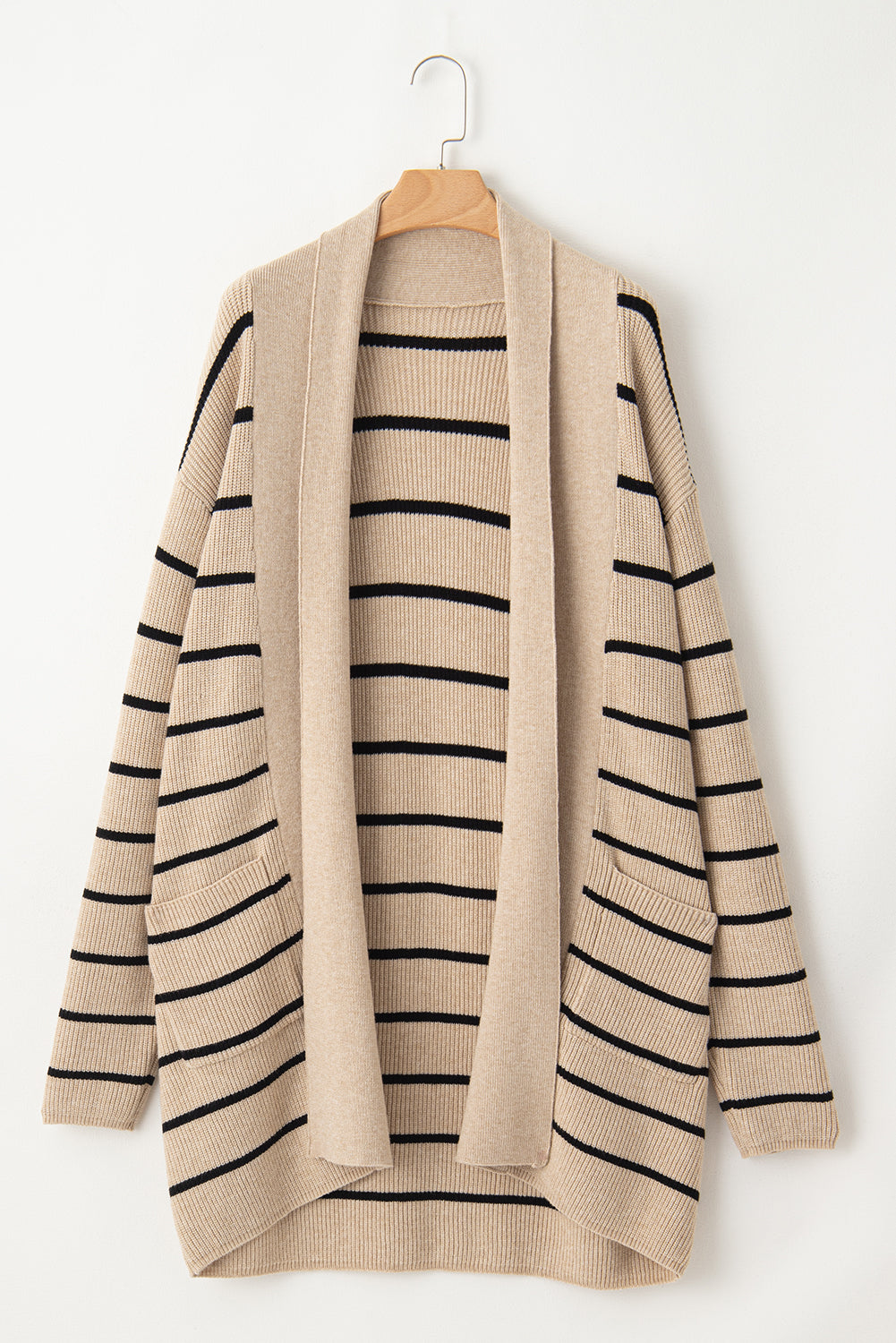 Schwarz gestreifter offener Cardigan mit Schalkragen und Taschen