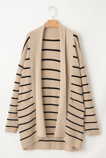 Schwarz gestreifter offener Cardigan mit Schalkragen und Taschen