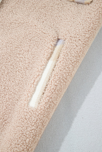Rauchgrauer, karierter Sherpa-Langmantel mit Patchwork-Kragen und Knopfleiste