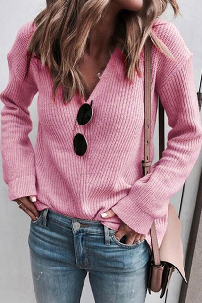 Rosa Rippstrickpullover mit V-Ausschnitt