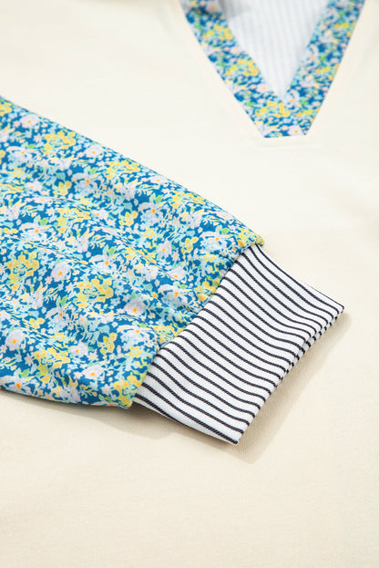 Beige Floral Striped Drop Sleeve Collared Boxy Fit Sweatshirt