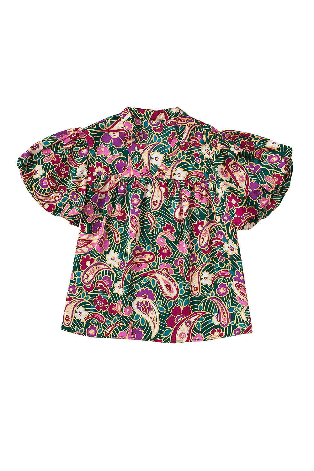 Grüne Paisley-Bluse mit V-Ausschnitt und kurzen Puffärmeln