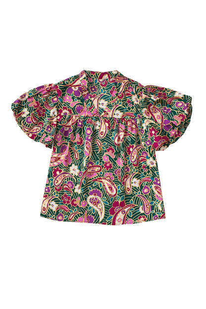 Grüne Paisley-Bluse mit V-Ausschnitt und kurzen Puffärmeln