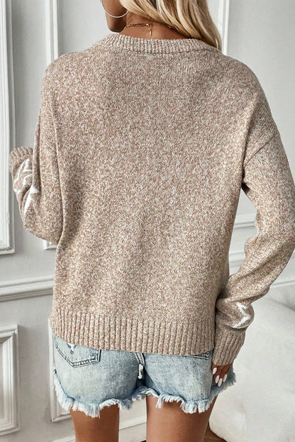 Khakifarbener Pullover mit überschnittener Schulter und Sternmuster